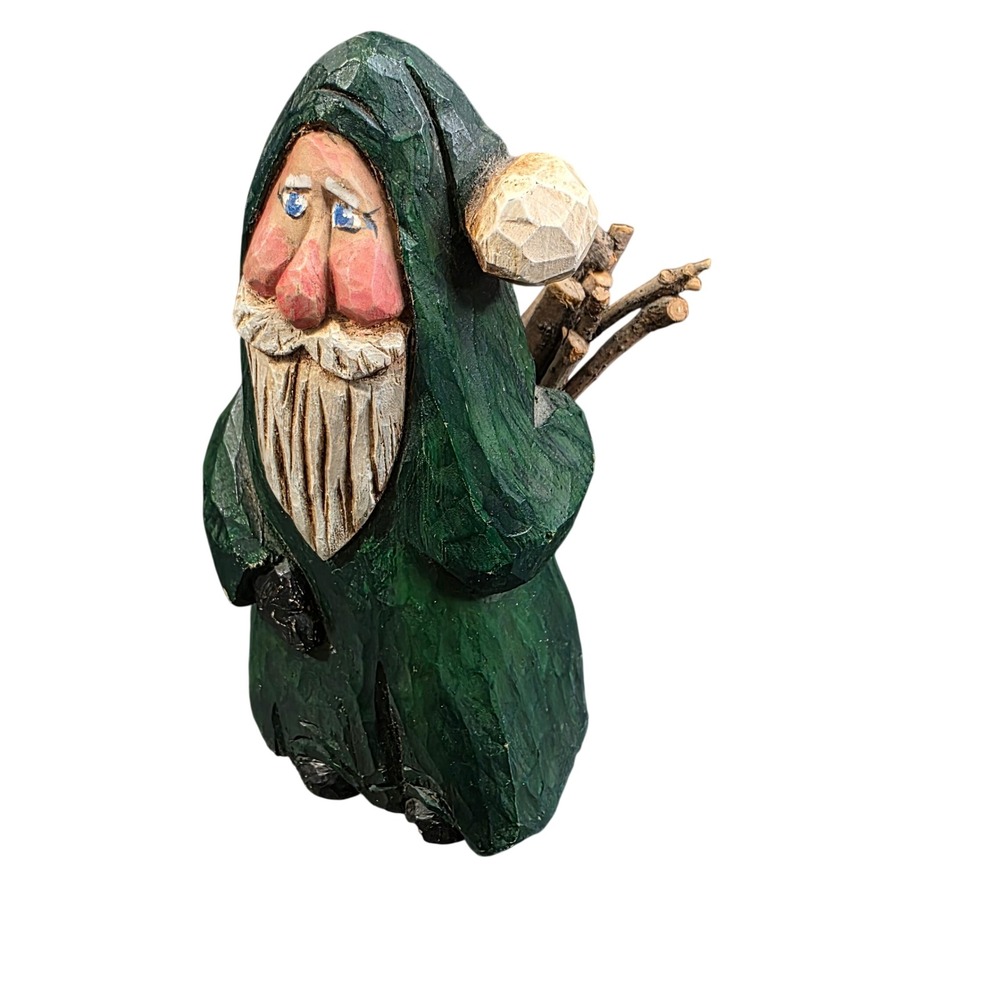 Unbranded Wood Carved Santa Figurine Green Folk Art‎ Rustic Christmas Decor